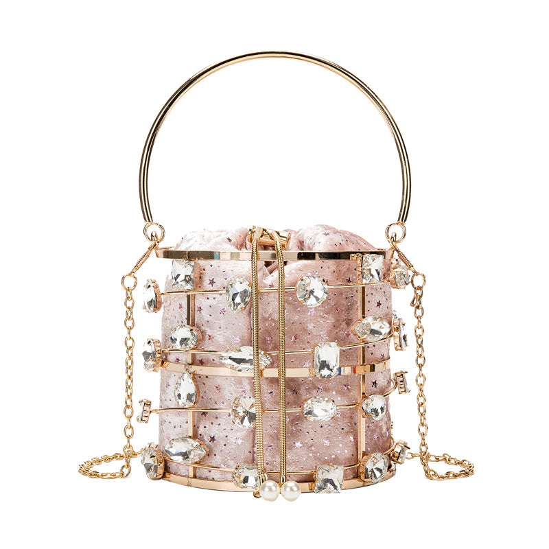 2020 New Metal Hollow Diamond Handbag Velvet Dinner Bucket Bag Pearl Bracelet Bag Women'S Bag - Image 4