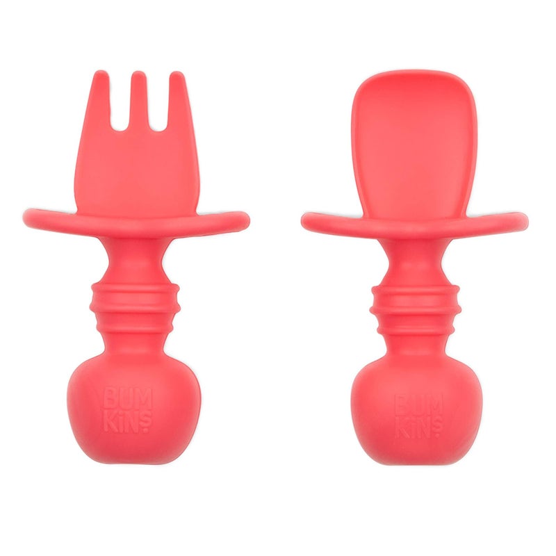 Bumkins Baby Utensils Set, Chewtensils Silicone Spoons for Dipping, Self-Feeding, Baby Led Weaning, Trainer Learning, First Stage Eating, Soft Practice Fork and Spoon, Babies 6 Months, Red - Image 1