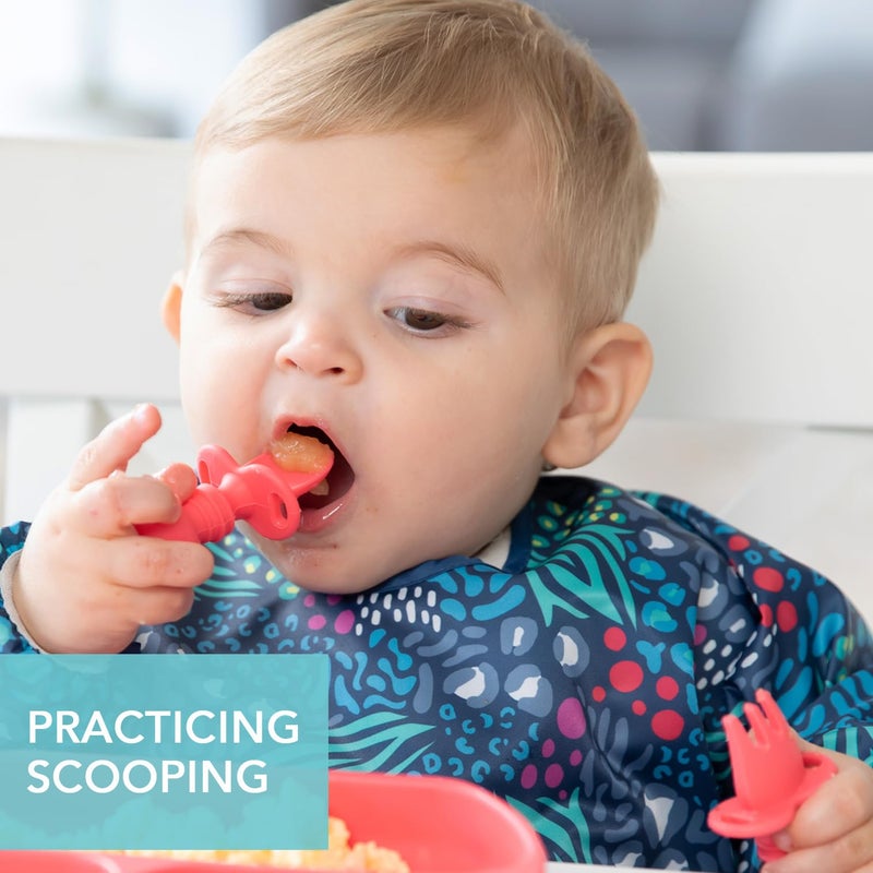 Bumkins Baby Utensils Set, Chewtensils Silicone Spoons for Dipping, Self-Feeding, Baby Led Weaning, Trainer Learning, First Stage Eating, Soft Practice Fork and Spoon, Babies 6 Months, Red - Image 2