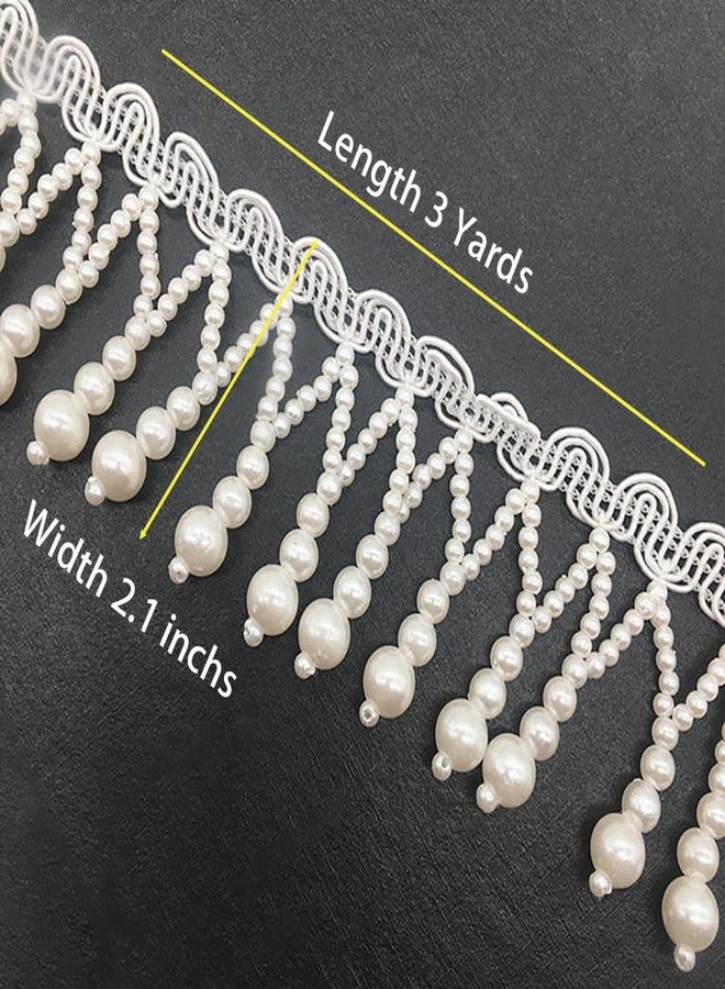 Kuasting 3 Yards Pearl Bead Tassel Lace Ribbon Applique Pearl Fringe Tassle Beaded Lace Ribbon Sewing Clothing Edge Curtain for Sewing, Wedding, Bridal Dress, Sash, Belt, Headwear, Curtain (White) - Image 2