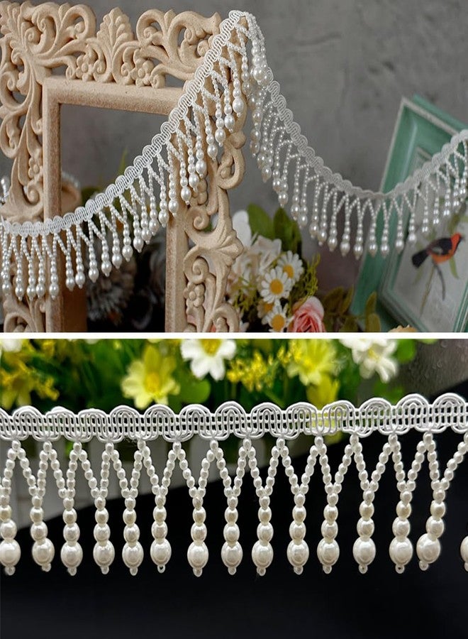 Kuasting 3 Yards Pearl Bead Tassel Lace Ribbon Applique Pearl Fringe Tassle Beaded Lace Ribbon Sewing Clothing Edge Curtain for Sewing, Wedding, Bridal Dress, Sash, Belt, Headwear, Curtain (White) - Image 3