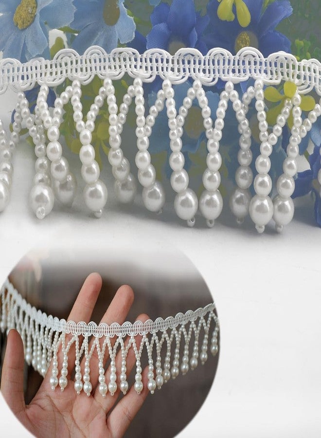 Kuasting 3 Yards Pearl Bead Tassel Lace Ribbon Applique Pearl Fringe Tassle Beaded Lace Ribbon Sewing Clothing Edge Curtain for Sewing, Wedding, Bridal Dress, Sash, Belt, Headwear, Curtain (White) - Image 1