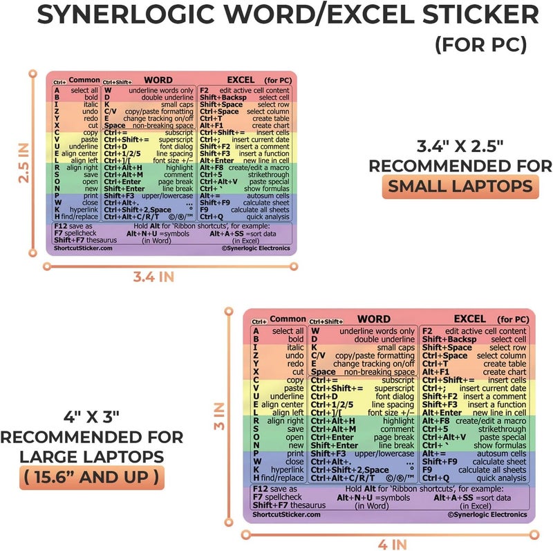 SYNERLOGIC Windows + Word/Excel (for PC) Quick Reference Guide Keyboard Shortcut Stickers, No-Residue Vinyl (Rainbow/Large/Combo) - Image 2