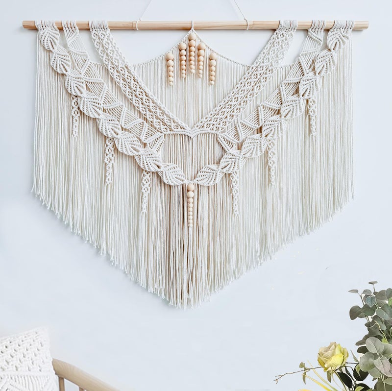 Achart Macrame Wall Hanging Large- Boho Wall Decor- large wall art- Wall Decor Living Room- Macrame Tapestry Boho Decor for Bedroom (Leaf &Wood Bead) - Image 1