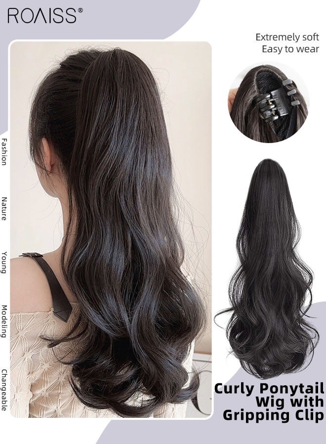 roaiss Long Wavy Ponytail Extensions Mini Claw Clip Natural Ponytail Wig Hair Extension Synthetic Hairpiece for Women Girls Party Hairstyle Soft Daily Use 50CM - Brown Black - Image 1