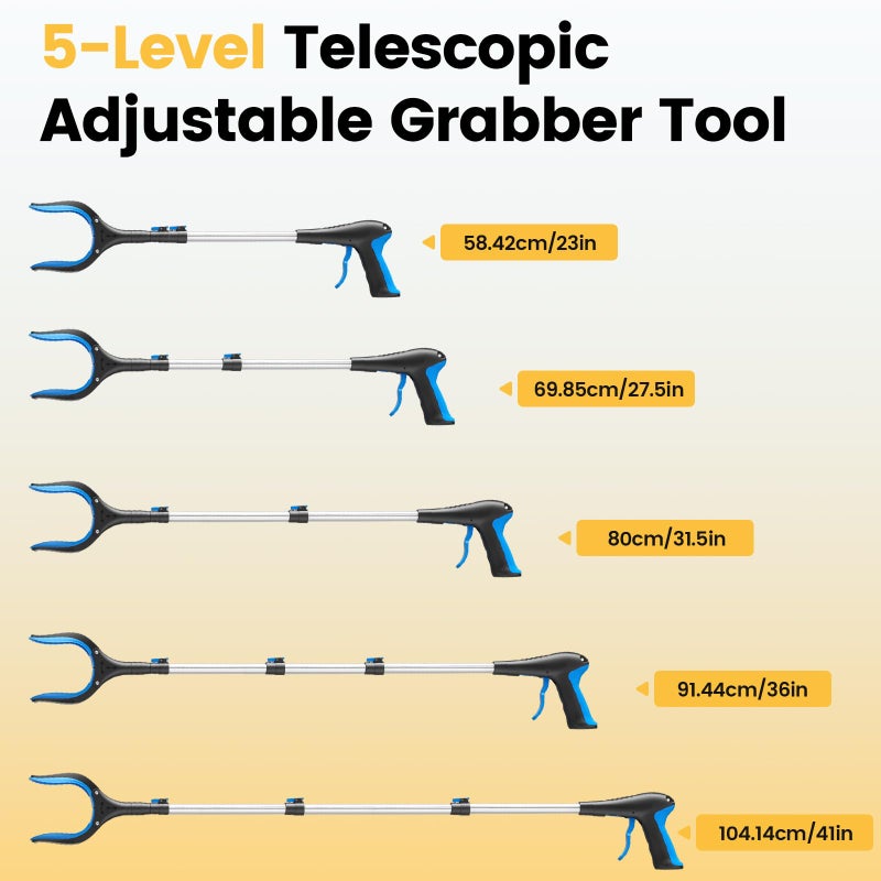 FGRHY Telescopic Grabber Reacher Tool, 5-Level Adjustable Length (23'' to 41'') - Trash Claw Gripper, Pickup Stick for Litter Picking, Yard Work, and Seniors (Blue) - Image 2