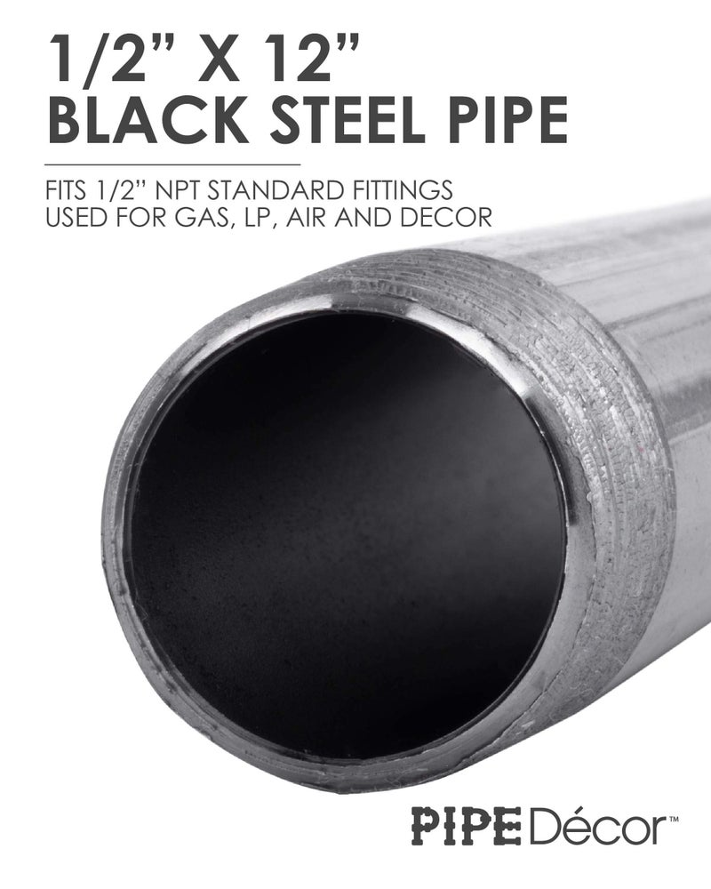 PIPE DECOR PIPE DÉCOR 1/2” x 12” Malleable Cast Iron Pipe Nipple, Pre Cut Connectors, Industrial Steel Grey Fits Standard Half Inch Black Threaded Pipes Nipples and Fittings, Build Vintage DIY Furniture, 6 Pack - Image 3