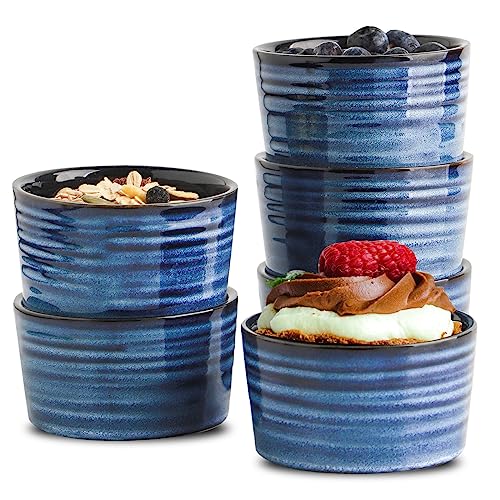 Hasense 6 oz Ramekins for BakingCeramic Souffle Dish Oven Safe Set of 6Porcelain Dipping Sauce Bowls for Pudding Creme Brulee Souffle Serving Dip Custard Ice CreamBlue