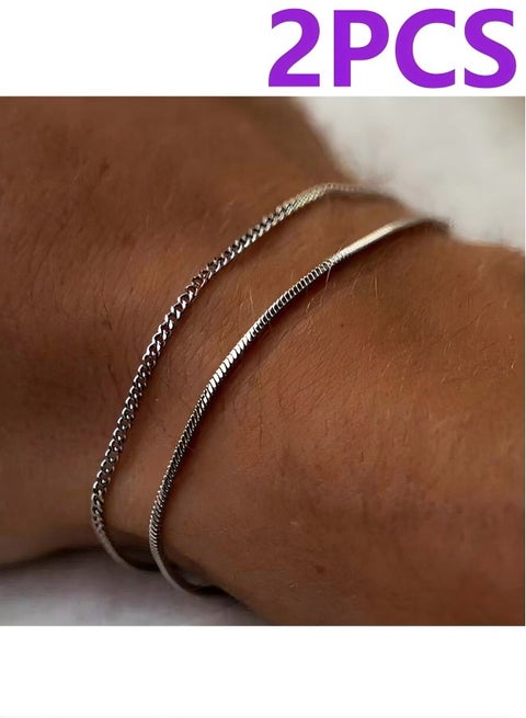 2pcs Silvery Bracelets For Women/Men, Double Layer Figaro Bracelets, 2mm Cuban Snake Bracelets For Women Men