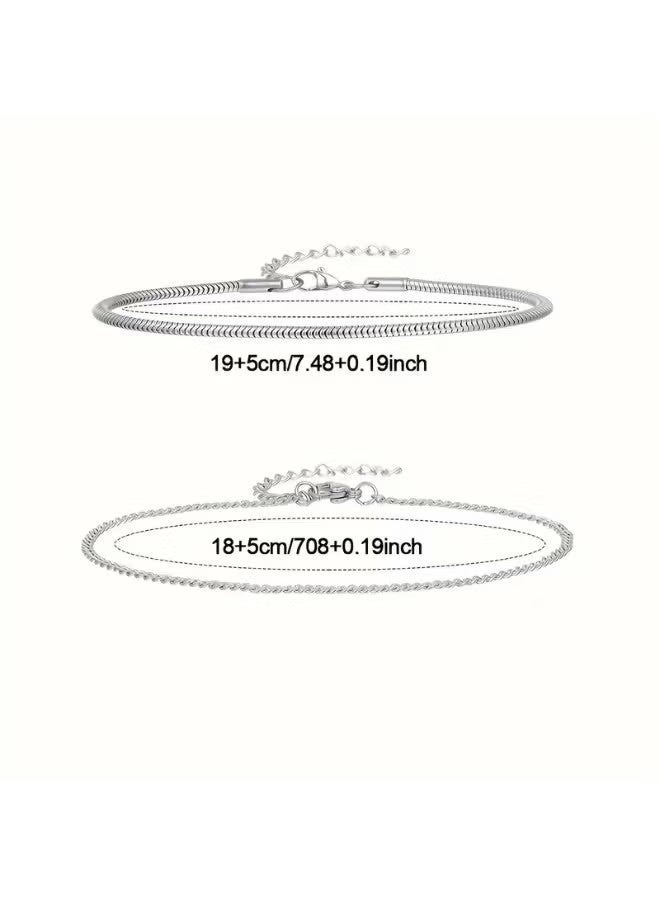 2pcs Silvery Bracelets For Women/Men, Double Layer Figaro Bracelets, 2mm Cuban Snake Bracelets For Women Men - Image 2