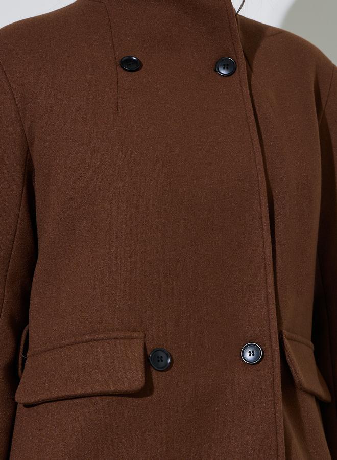 Styli Coffee Brown Regular Fit Double Breasted Belted Wool Like Coat - Image 3