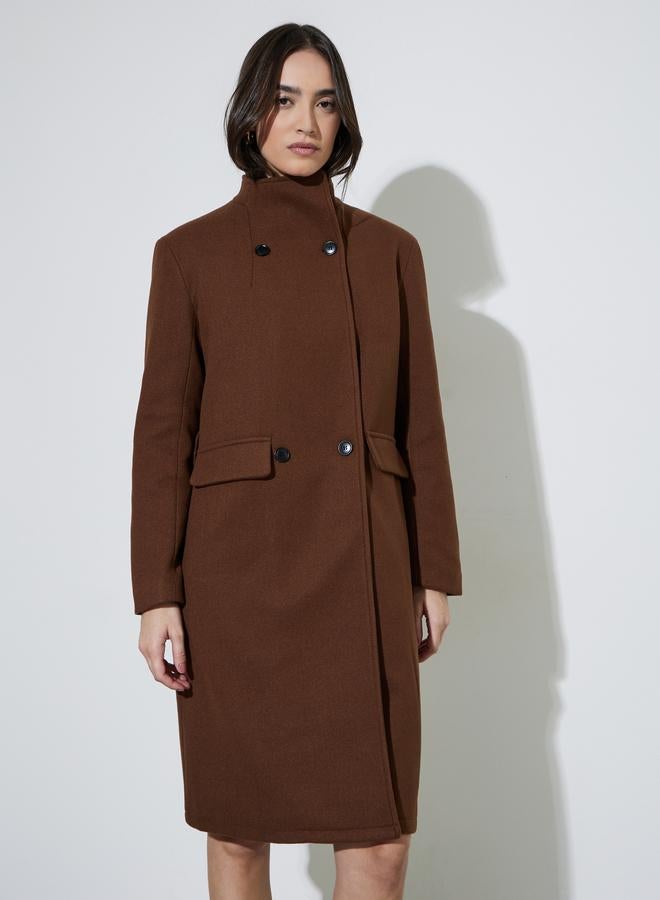 Styli Coffee Brown Regular Fit Double Breasted Belted Wool Like Coat - Image 5