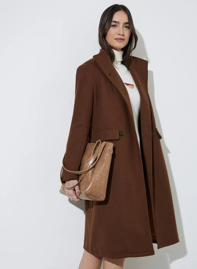Styli Coffee Brown Regular Fit Double Breasted Belted Wool Like Coat