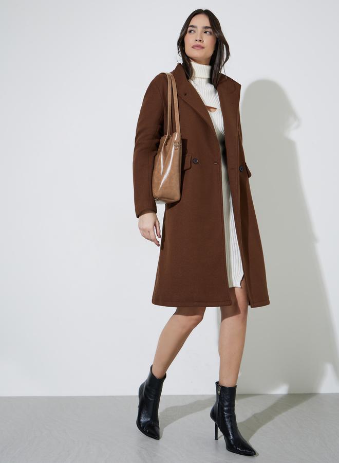 Styli Coffee Brown Regular Fit Double Breasted Belted Wool Like Coat - Image 2