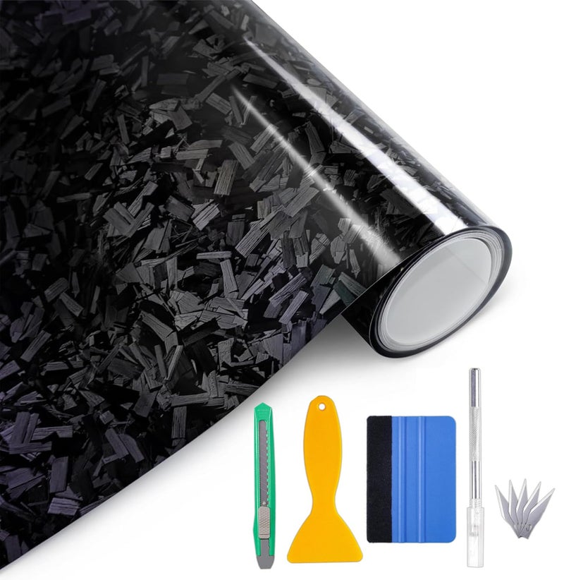 Arespark Gloss Forged Carbon Fiber Vinyl Wrap, Car Vinyl Wrap Decal Sticker Film Sheet with Air Release, Contain Installation Tool for Car Auto Morotcycle (1ft x5ft, Black) - Image 1