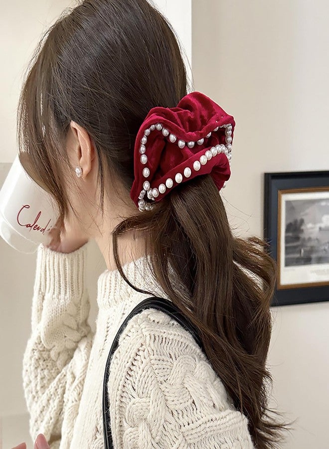 Melodio 2 Pcs Velvet Scrunchies with Pearl Trim, Elegant Pearl-Edged Velvet Hair Ties, Soft Elastic Ponytail Holders, Luxury Hair Accessories for Women, Black & Burgundy - Image 2