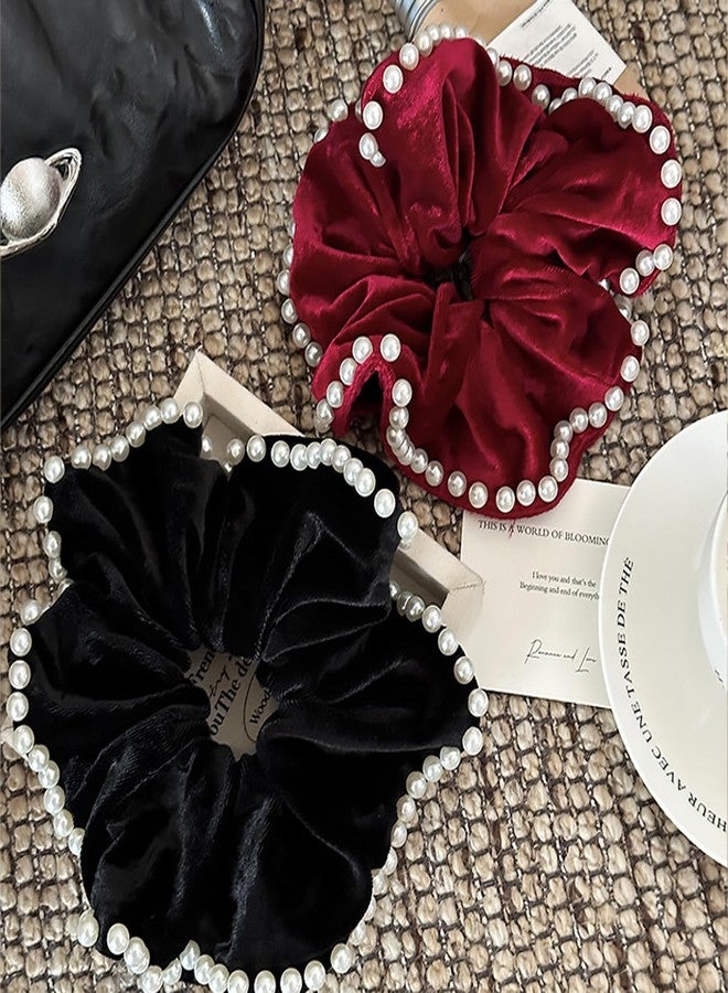 Melodio 2 Pcs Velvet Scrunchies with Pearl Trim, Elegant Pearl-Edged Velvet Hair Ties, Soft Elastic Ponytail Holders, Luxury Hair Accessories for Women, Black & Burgundy - Image 4