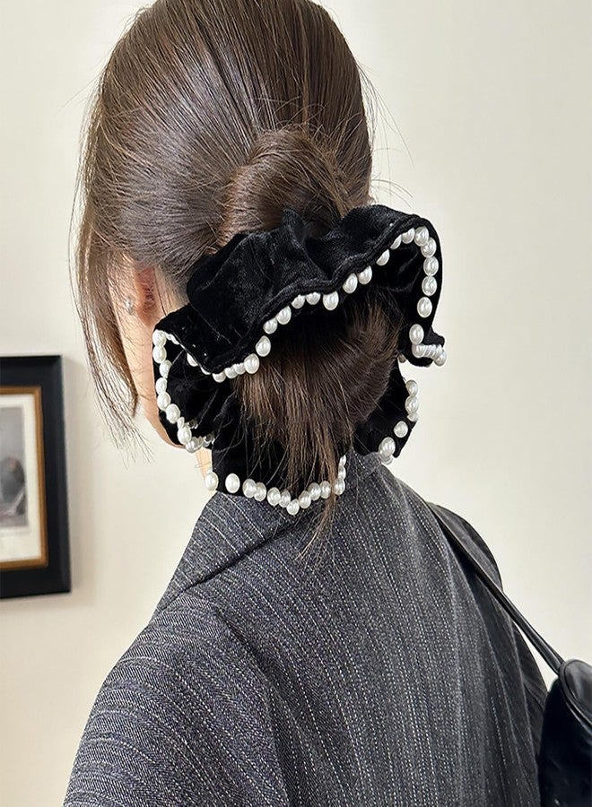 Melodio 2 Pcs Velvet Scrunchies with Pearl Trim, Elegant Pearl-Edged Velvet Hair Ties, Soft Elastic Ponytail Holders, Luxury Hair Accessories for Women, Black & Burgundy - Image 5