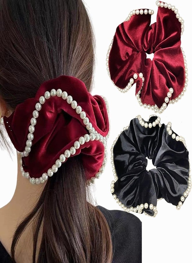 Melodio 2 Pcs Velvet Scrunchies with Pearl Trim, Elegant Pearl-Edged Velvet Hair Ties, Soft Elastic Ponytail Holders, Luxury Hair Accessories for Women, Black & Burgundy - Image 1
