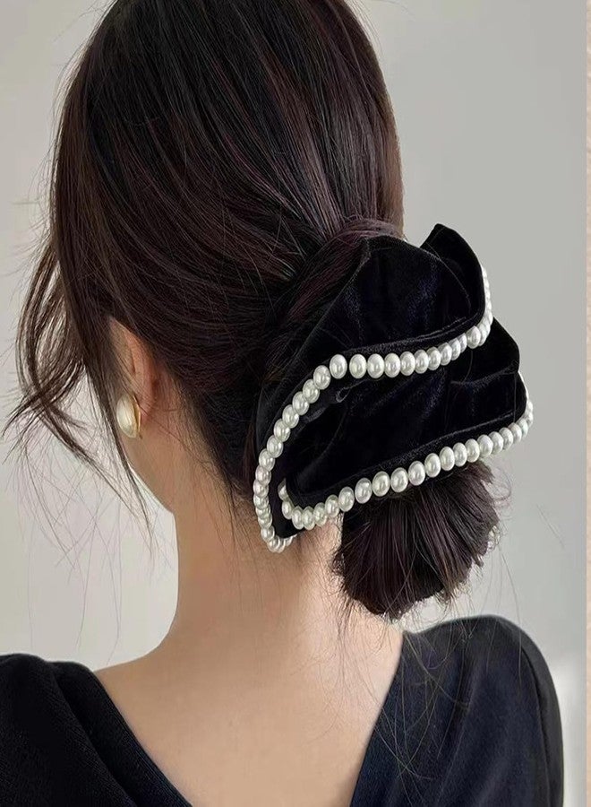 Melodio 2 Pcs Velvet Scrunchies with Pearl Trim, Elegant Pearl-Edged Velvet Hair Ties, Soft Elastic Ponytail Holders, Luxury Hair Accessories for Women, Black & Burgundy - Image 3