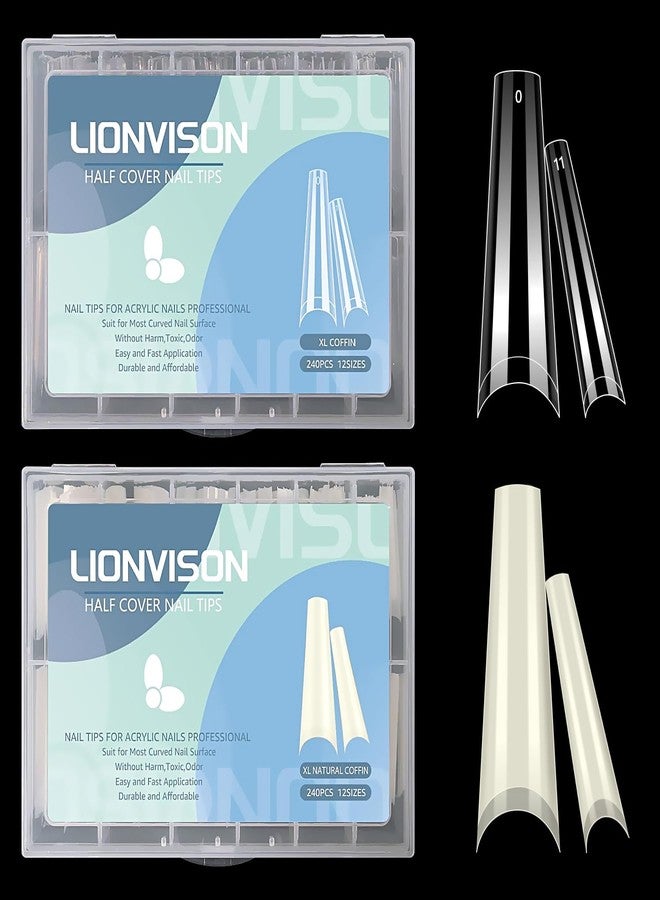 LIONVISON 480PCS Extra Long Coffin Nail Tips, 2 Packs Half Cover Natural and Clear Nail Tips for Acrylic Nails Professional, 12 Sizes Artificial XXL Long False Ballerina Nail Tips for Nail Art Salons Home DIY - Image 1