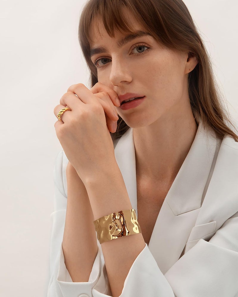 WOWORAMA Hammered Gold Cuff Bracelet for Women Wide Chunky Open Cuff Bangles Vintage Statement Gold Bracelet Adjustable Thick Wrist Cuff Bracelets - Image 3
