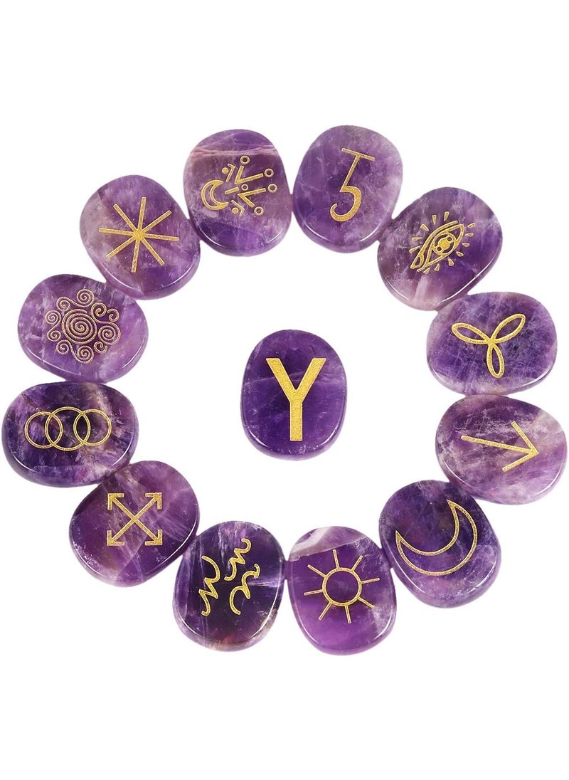 SUNYIK SUNYIK Natural Engraved Runes Stone Set of 13, Gypsy Symbols Healing Crystal Reiki Pocket Palm Stones Kit for Meditation Divination, Amethyst 