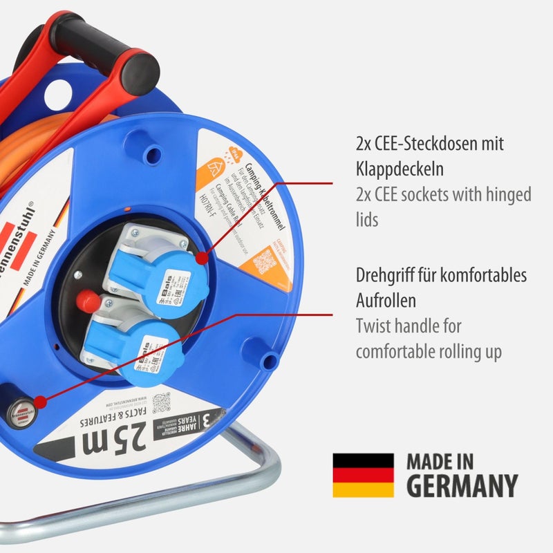 Brennenstuhl Garant 2-Socket Cable Reel with IP44 Protection (25m Cable Length, Camping Cable Reel with Ergonomic Handle, for Outdoor use, Made in Germany) - Image 2