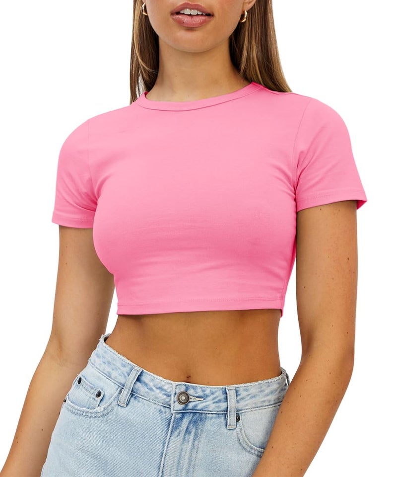 WYNNQUE Womens Crop Tops Cute Summer Scoop Neck Basic Tees Slim Fit Trendy Short Sleeve T Shirts for Teen Girls 2025 Pink S - Image 1