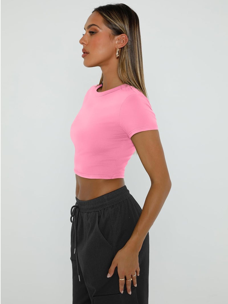WYNNQUE Womens Crop Tops Cute Summer Scoop Neck Basic Tees Slim Fit Trendy Short Sleeve T Shirts for Teen Girls 2025 Pink S - Image 3