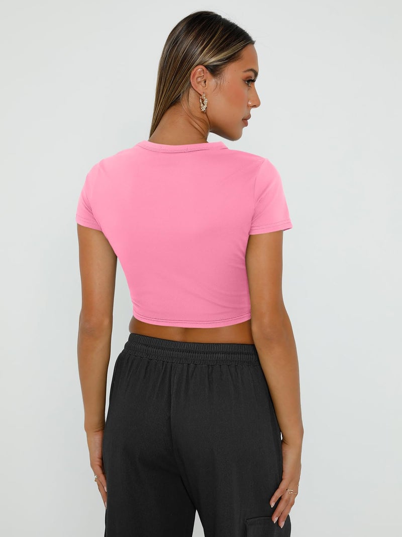 WYNNQUE Womens Crop Tops Cute Summer Scoop Neck Basic Tees Slim Fit Trendy Short Sleeve T Shirts for Teen Girls 2025 Pink S - Image 4