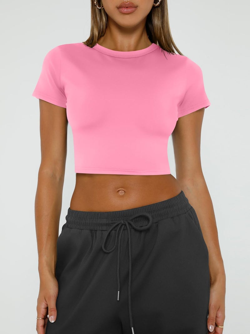WYNNQUE Womens Crop Tops Cute Summer Scoop Neck Basic Tees Slim Fit Trendy Short Sleeve T Shirts for Teen Girls 2025 Pink S - Image 2