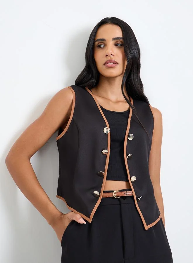 تايك تو Black Contrast Trim Buttoned Waistcoat