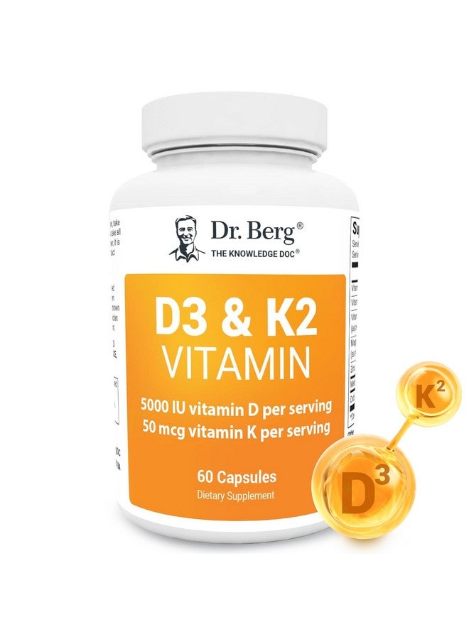 Dr. Berg Nutritionals Dr. Berg D3 K2 Vitamin 5000 IU w/MCT Powder - Includes 50 mcg MK7 Vitamin K2, Purified Bile Salts, Zinc & Magnesium for Ultimate Absorption - K2 D3 Vitamin Supplement - 60 Capsules - Image 1