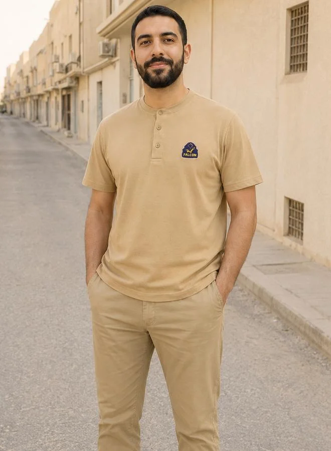Take Two Beige Falcon Logo Short Sleeves Henley T-Shirt By Falcon