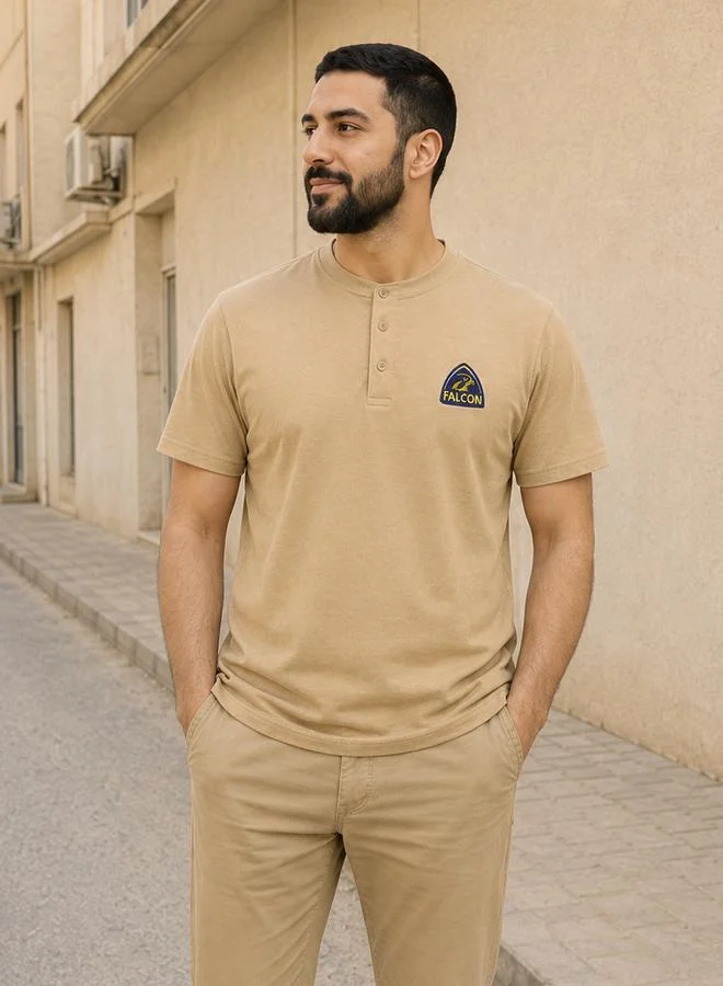 Take Two Beige Falcon Logo Short Sleeves Henley T-Shirt By Falcon