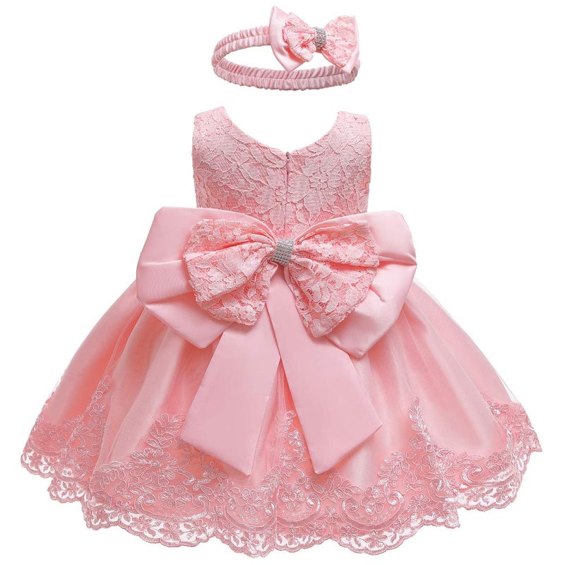 LZH LZH Baby Girls Lace Bowknot Flower Dress Wedding Pageant Baptism Christening Tutu Gown Meat Pink 612 Months 