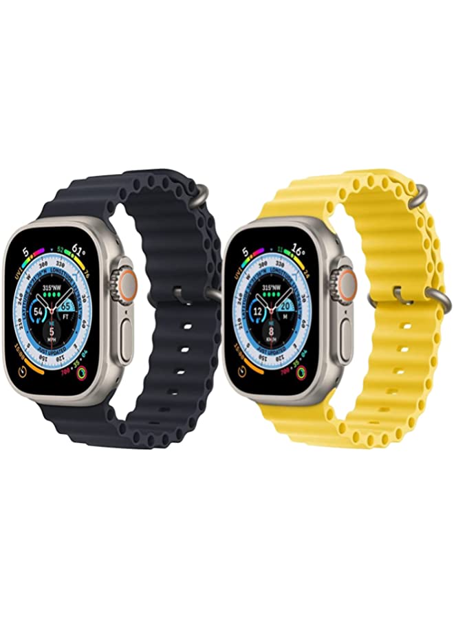 vesus Silicone Ocean Band Strap for Apple Watch Ultra 8 49mm Black Single Color Strap with Yellow Single Color Strap Set of 2