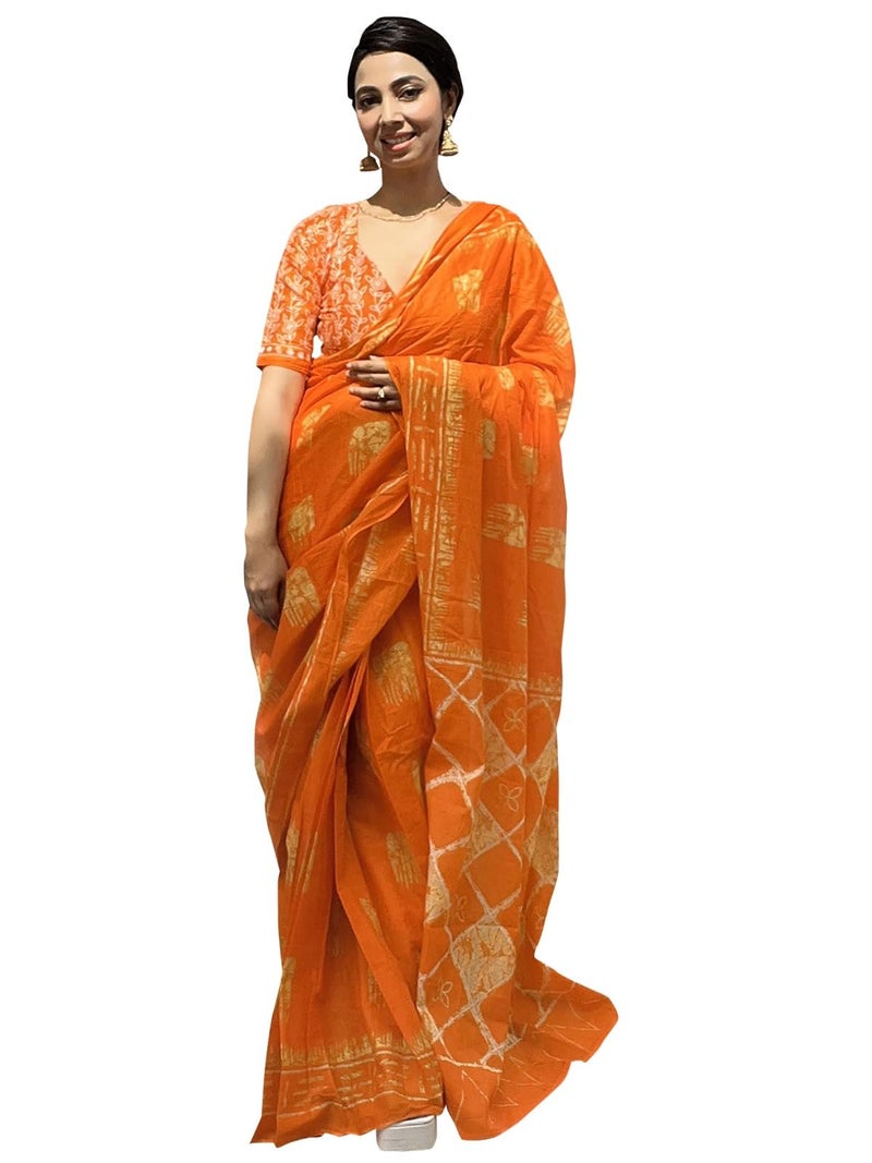 SAREE MALL Women's Orange Cotton Abstract Printed Ready To Wear one Minute Saree with Unstitched Blouse Piece (RTWMINAXI5501_SMC) - Image 1