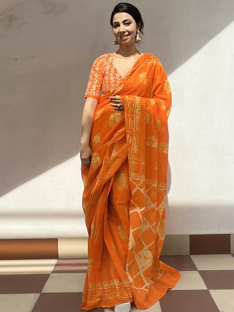 SAREE MALL Women's Orange Cotton Abstract Printed Ready To Wear one Minute Saree with Unstitched Blouse Piece (RTWMINAXI5501_SMC) - Image 3