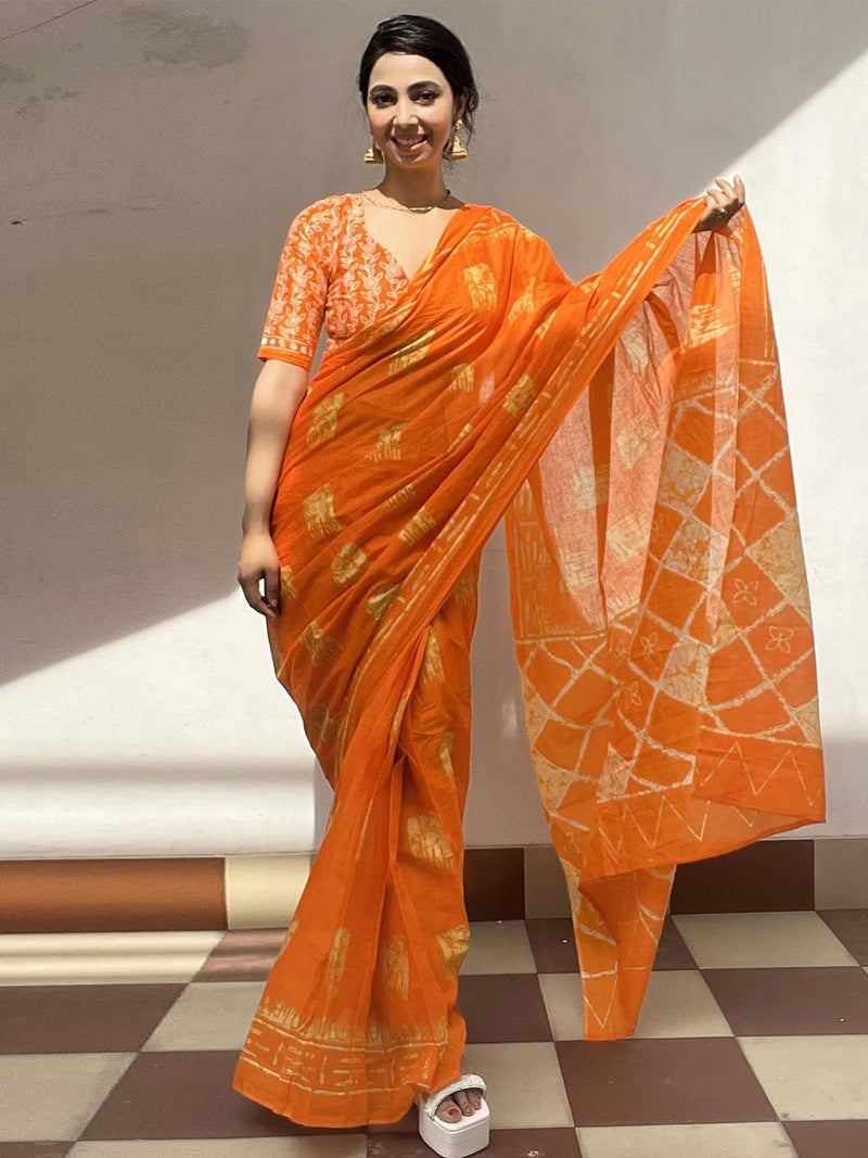 SAREE MALL Women's Orange Cotton Abstract Printed Ready To Wear one Minute Saree with Unstitched Blouse Piece (RTWMINAXI5501_SMC) - Image 2