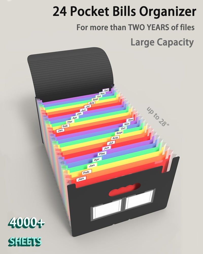 Maimis Expanding File Folder, 24 Pocket Accordion A4 Letter Size Portable Document Organizer with Colored Tabs, Expandable Bill Coupon Folder - Black - Image 2
