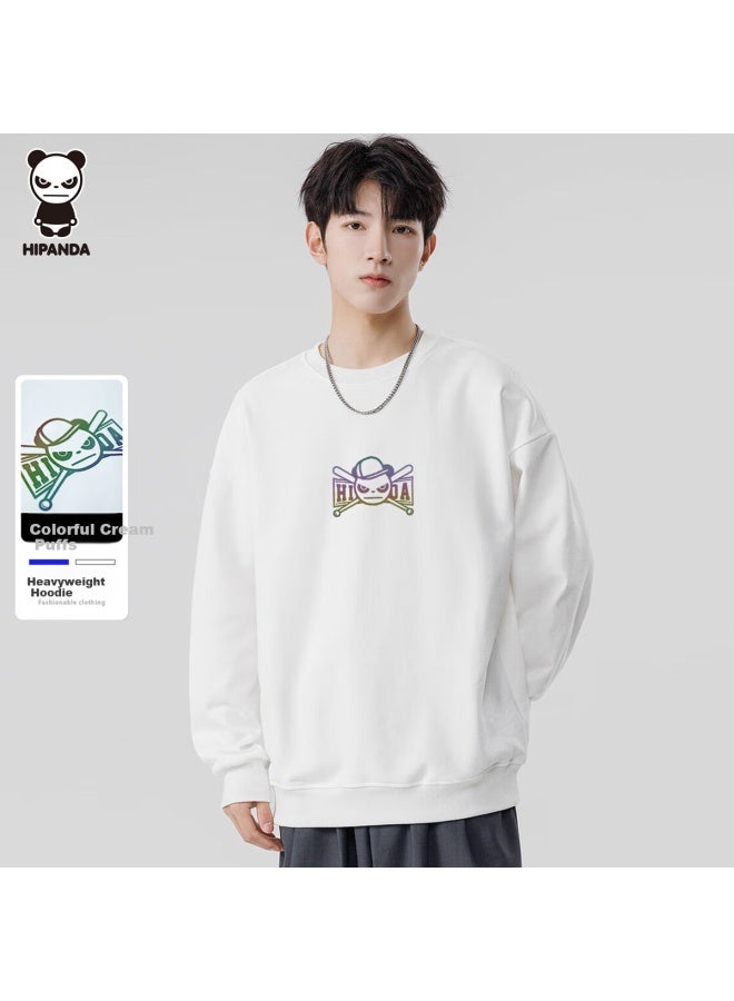 Hipanda Men's Sweatshirt, Autumn Season, Colorful Puff Round Neck, American Retro Trendy Brand, Casual Versatile Top For Men, White, XL - Image 1