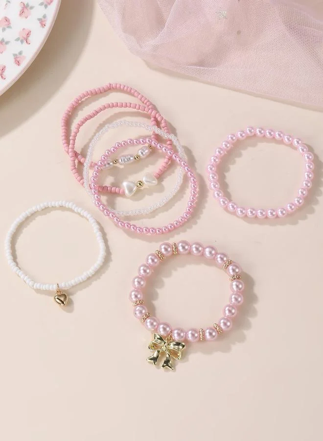 Take Two  Pack of 7 - Girls Pink Pearl and Heart Charm Bracelets for Women | Best Price UAE