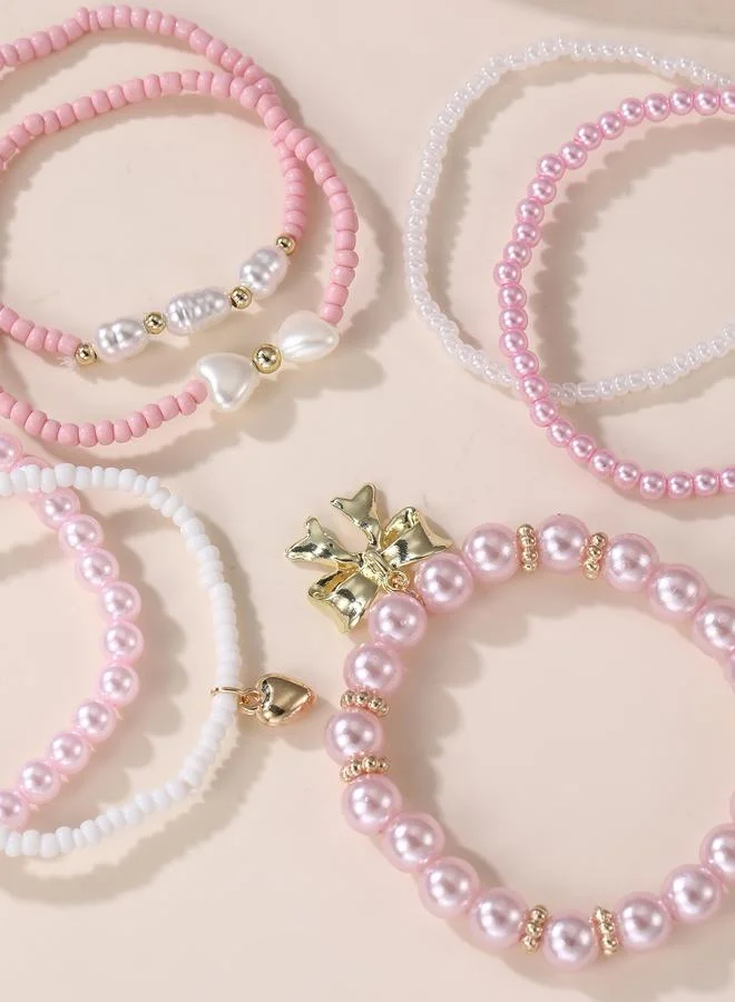 Take Two  Pack of 7 - Girls Pink Pearl and Heart Charm Bracelets for Women | Best Price UAE