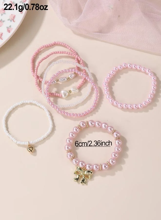 Take Two  Pack of 7 - Girls Pink Pearl and Heart Charm Bracelets for Women | Best Price UAE