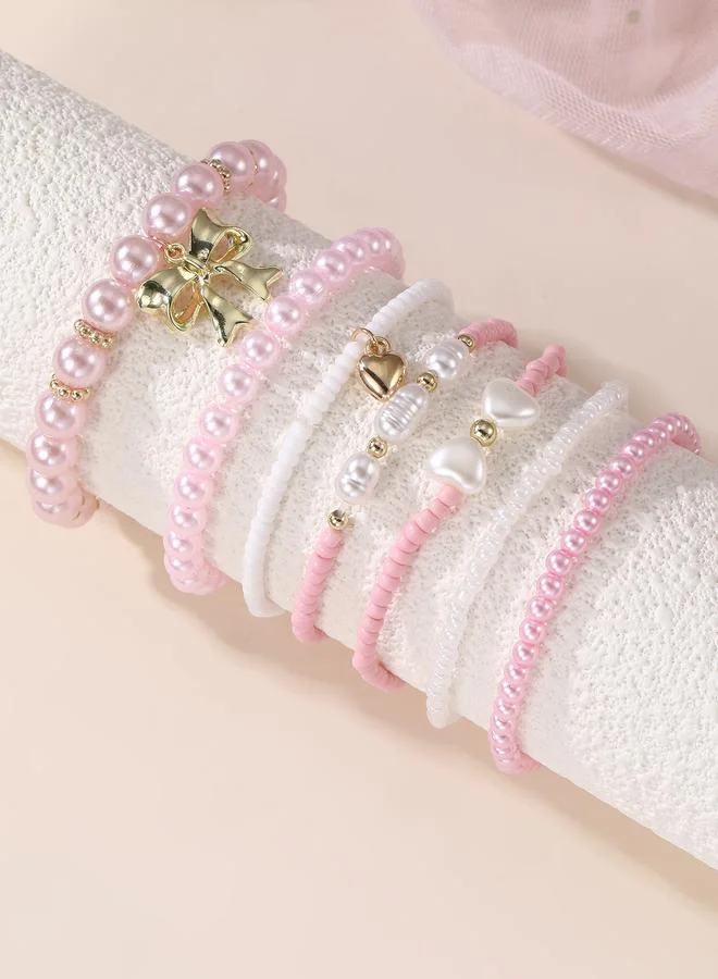 Pack of 7 - Girls Pink Pearl and Heart Charm Bracelets
