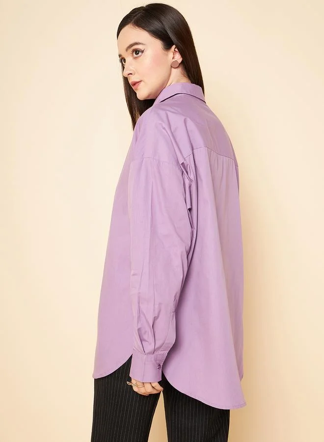 HIGH STAR Women'S Lilac 100% Cotton Solid Pattern Button Down Shirt