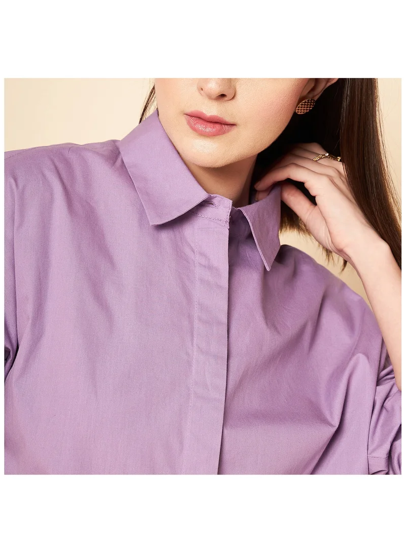 HIGH STAR Women's Oversized Lilac Casual Cotton Shirt with High Rise Waist
