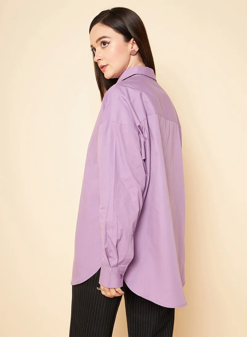 HIGH STAR Women's Oversized Lilac Casual Cotton Shirt with High Rise Waist